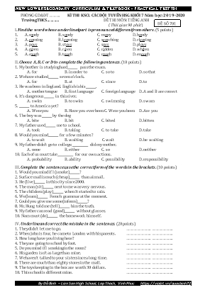 Đề thi khảo sát chất lượng đội tuyển học sinh giỏi môn Tiếng Anh Lớp 7 - Đề số 701 - Năm học 2019-2020 - Đỗ Bình